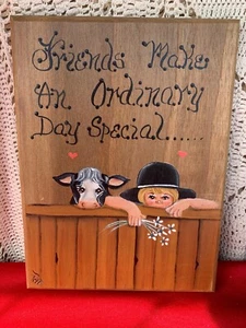 Vintage ❤️ Amish Boy & His Holstein Cow HANDPAINTED Art Sign Wall Plaque  ❤️sj7m - Picture 1 of 9