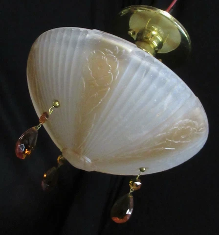 VTG ART DECO 3 CHAIN GLASS SHADE CEILING LIGHT CHANDELIER FIXTURE COLOR CRYSTALS Cover