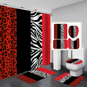 4PCS Leopard Print Shower Curtain Set with Rug, Toilet Lid Cover and Bath Mat,Re - Picture 1 of 7