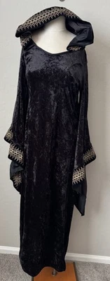 Vtg Black Crush Velvet Hooded Dress Gold Red  Medieval Gothic Cosplay Ren Fair - Image 1 of 4