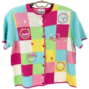 Breckenridge Vintage Cat Cardigan Sweater Patchwork Medium Petite Y2K - Picture 1 of 6