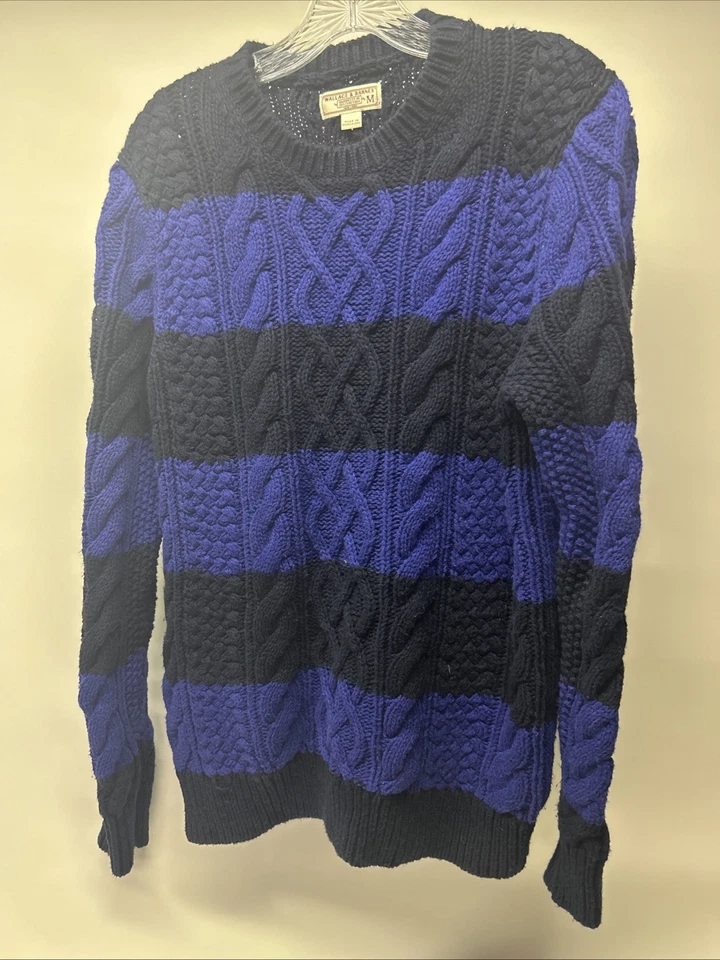 Wallace and Barnes Medium Blue Black Stripe Cable Knit Sweater Men's - Image 1 of 4