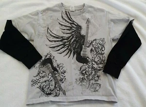 Boys 707 Guitar Wings Long Sleeve Shirt Gray Black Activewear Small - Picture 1 of 10
