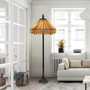 Tiffany Style Floor Lamp Yellow Hexagone 16 inch Stained Glass Shade For Bedroom - Picture 1 of 12