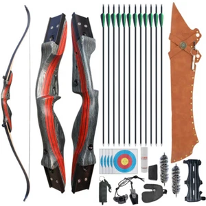 62" Takedown Recurve Bow Carbon Arrow Set 20-50lbs Wooden Bow Archery Shoot Hunt - Picture 1 of 21