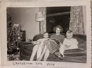 Vintage Old 1950's Photo of Woman Mother Reading Story to Boys Christmas Eve - Picture 1 of 1