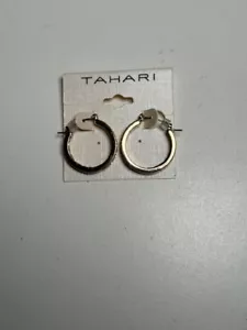 Tahari Gold Hoop Earrings with rhinestone design on surface (new) - Picture 1 of 4