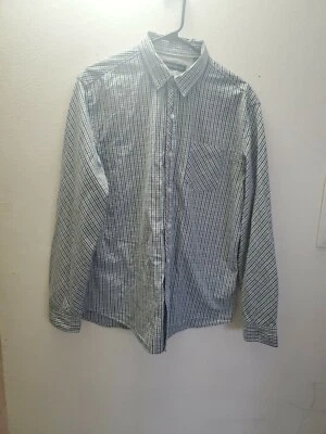 DKNY Jeans Mens Size Large green White Striped Button-Up Long Sleeve Dress Shirt - Image 1 of 4