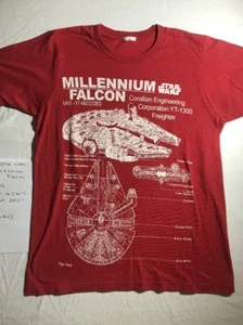 Star Wars Millennium Falcon blueprint sz M red shirt jedi solo Space Ship - Picture 1 of 6