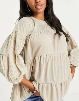 Violet Romance Maternity Top Size 8 10 & 12 Beige Tiered Broderie Sleeve JA22 - Image 1 of 4