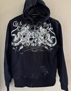 Vtg Marc Ecko Skull Times Squ Full Zip Hoodie Jacket Black Sweatshirt Unisex L - Picture 1 of 9