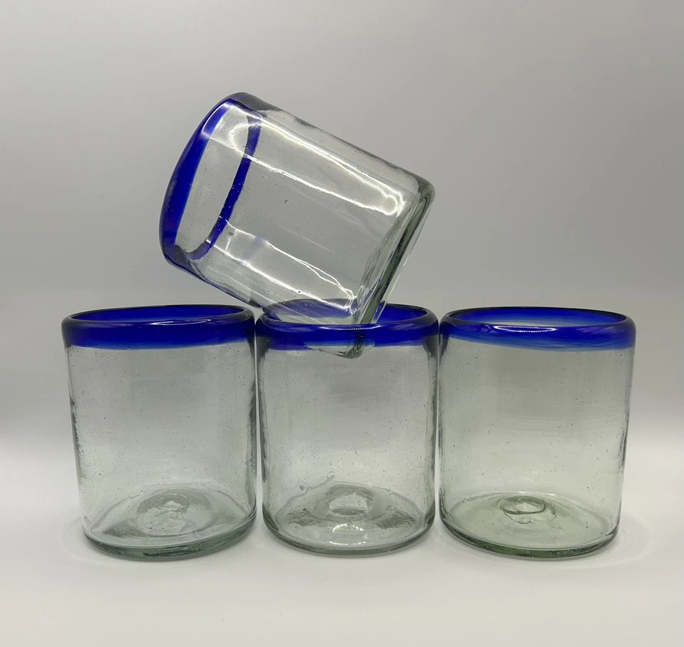 Set Of 4 Mexico Blown Glass Whiskey Double Low Ball Glasses Cobalt Blue Rim - Image 1 of 4