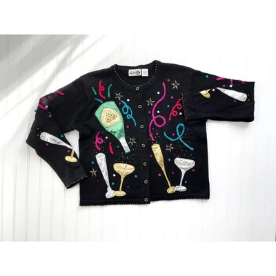 vtg Paul Harris black champagne cocktail party novelty print cardigan sweater - Image 1 of 4