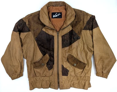 Vtg Winlit Leather Bomber Jacket Women M, Paisley & Nubuck Patchwork Colorblock - Image 1 of 4