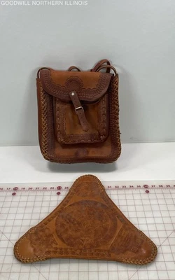VTG Mexican Leather Tooled Bag Pouch 14"x12" & 3 Leg Stool Leather Seat Cover - Image 1 of 4