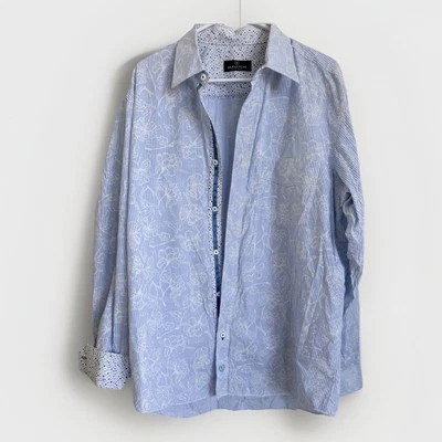 Bugatchi Flip Cuff Blue Stripe Floral/dot Button Shirt Mens XL White Lotus - Image 1 of 4