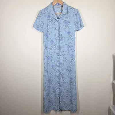 Vtg 90s Y2K Kathie Lee Blue Floral Button Up Midi Dress Cottagecore Romantic Sml - Image 1 of 4