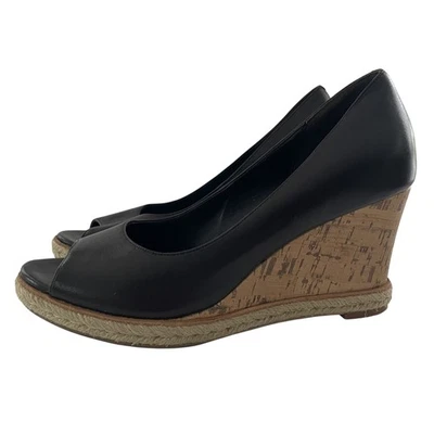 Cole Haan Womens Size 9.5 Black Leather Cork Wedge Espadrille Peep Toe - Image 1 of 4