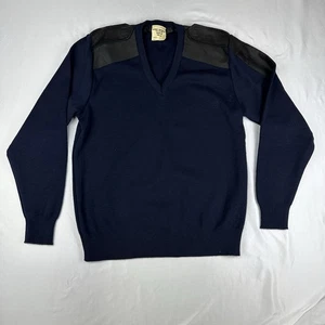 Vintage Elegant Knitting Co Jumper Men Size 22 Blue Wool Blend Military Style - Foto 1 di 8