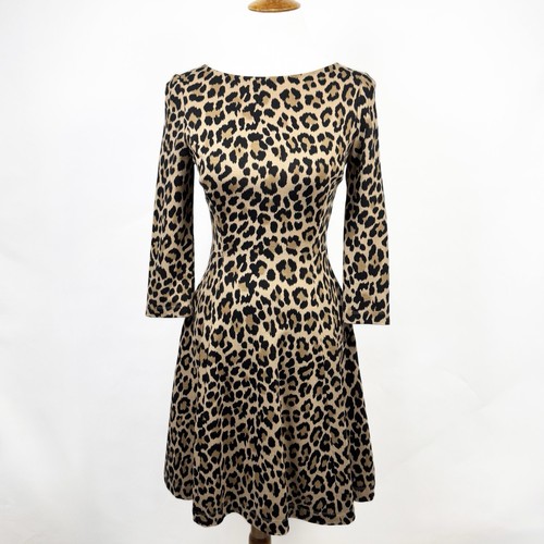 Abito Kate Spade leopardato beige nero manica 3 4 ponte maglia lunghezza ginocchio XS 0