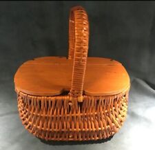 Antique Primitive Folk Art Wicker Ratan Sewing Knitting Basket Hinged Wood Lid