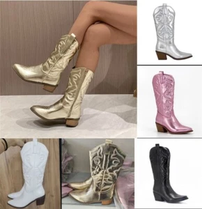 2024 Cowboy Boots Mid Calf Ladies Heel Shoes Zip Western Faux Leather New UK - Picture 1 of 20