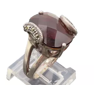 925 Silver Vintage Heart Cut Neck Smokey Quartz Marcasite Ring Sz 6 RG27301 - Picture 1 of 5