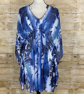 Jennifer Lopez Caftan Dress Womens XS Blue Floral Kaftan Kimono Embellished NWT - Picture 1 of 10