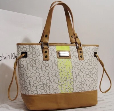 NEW Calvin Klein Logo Print White Gray Neon Yellow Tan Large Tote Handbag Purse - Image 1 of 4