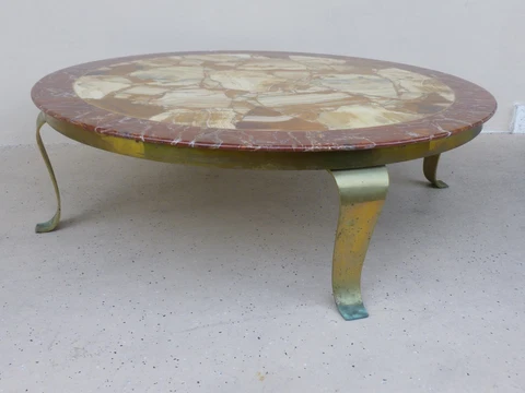SPECTACULAR  MULLER BROTHERS ONYX & ALABASTER COFFEE TABLE W CURVED BRASS LEGS Cover