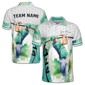 Personalized Green Watercolor Man Golfer Team Mens Polo Shirt S 5XL - Picture 1 of 7