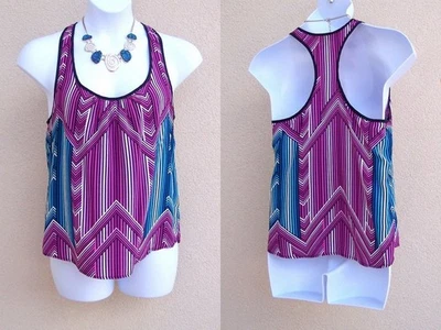 Trina Turk silk tank top cami size L racerback blue white pink purple blouse - Image 1 of 4