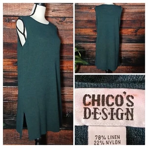 Chicos Design Vintage Tunic Top Size 1 M Boho Linen Blend Knit Forest Green Tank - Picture 1 of 11