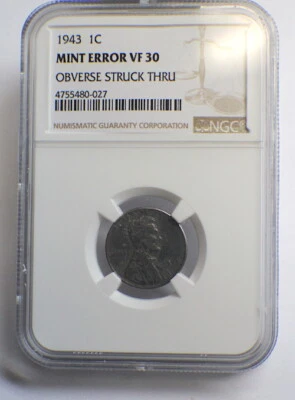 1943 LINCOLN WHEAT MINT ERROR VF30 OBVERSE STRUCK THRU 1c  - Image 1 of 3