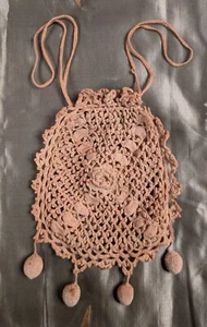 EDWARDIAN HAND MADE CROCHET DRAW STRING BAG W BOTTOM DANGLES - Picture 1 of 2