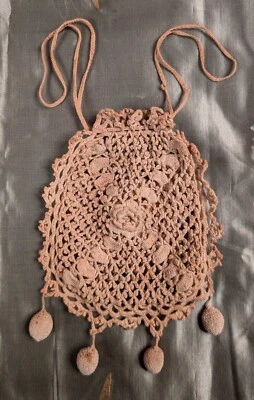 EDWARDIAN HAND MADE CROCHET DRAW STRING BAG W BOTTOM DANGLES - Image 1 of 2