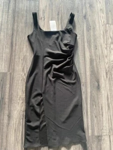Women’s LBD black square neck gathered waist midi dress small party dress B12 - Picture 1 of 10