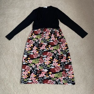 Maternity Nursing Dress Medium Black Top Floral Bottom Mid Length Long Sleeves - Picture 1 of 12