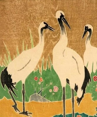 Vintage Japanese Woodcut Cranes Print Ida Marie Perrault 1915 Art Deco - Image 1 of 2
