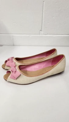 Lilly Pulitzer Mujer Tela/Cuero Punta Abierta Crema/Rosa Arco Planos, Talla 9.5B Foto 1 de 4