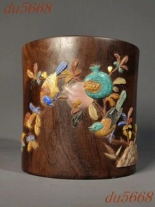 6.8"China small leaf sandalwood Inlay shell Shoushan Stone brush pot pencil vase - Picture 1 of 8