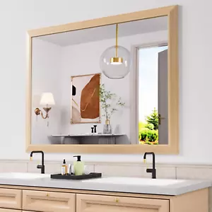 Bathroom Mirror, 48X36 Inch Wall Mirror, Oak Wood Grain Metal Framed, Anti-Rust, - Picture 1 of 7