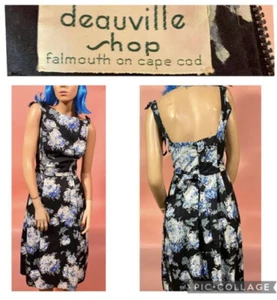 True Vtg. 1950’s Rockabilly Dress Black w/Blue Cabbage Roses Floral GORGEOUS! - Picture 1 of 7
