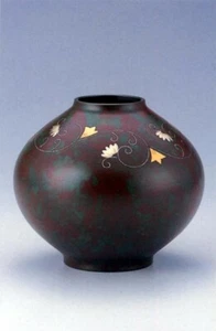 Blumenvase Takaoka Handwerk Kupfer Graviert Selten Kiku Chrysantheme Topf Japan - Bild 1 von 3