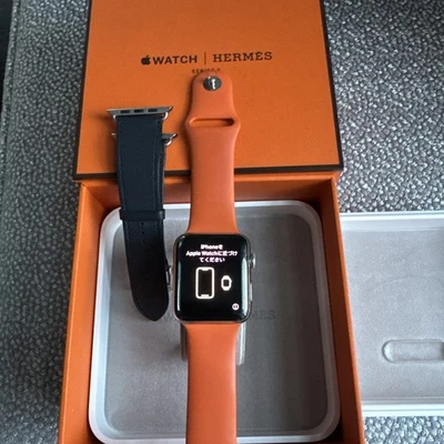 Auth Apple Watch Hermès 42mm SS Steel Indigo Leather Series 3 Orange Sport Band  - Image 1 of 4