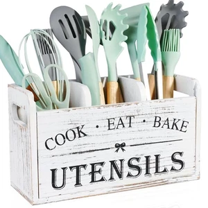 Wooden Kitchen Utensil Holder with 3 Compartments, Utensil Storage Organizer ... - Picture 1 of 7