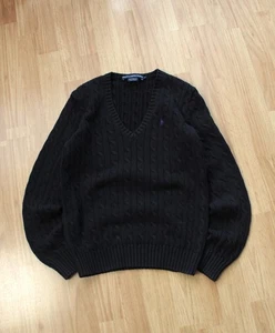 Suéter deportivo Ralph Lauren tejido con cable de algodón cuello en V para mujer talla L logotipo negro - Imagen 1 de 12