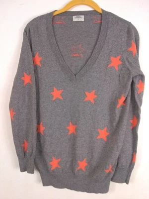 Wallace Sweater Women's Sm V-Neck Gray w/Orng 2'' Stars Long Slv Cotton/Wool EUC - Image 1 of 4