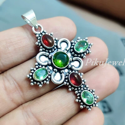 Granat und Chromdiopsid & Peridot Edelstein 925 Sterling Silber Kreuz Anhänger - Bild 1 von 4