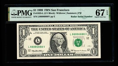 1999 $1 FRN San Francisco Rad Serial Number L88886888V PMG GEM UNC 67 EPQ - Image 1 of 2